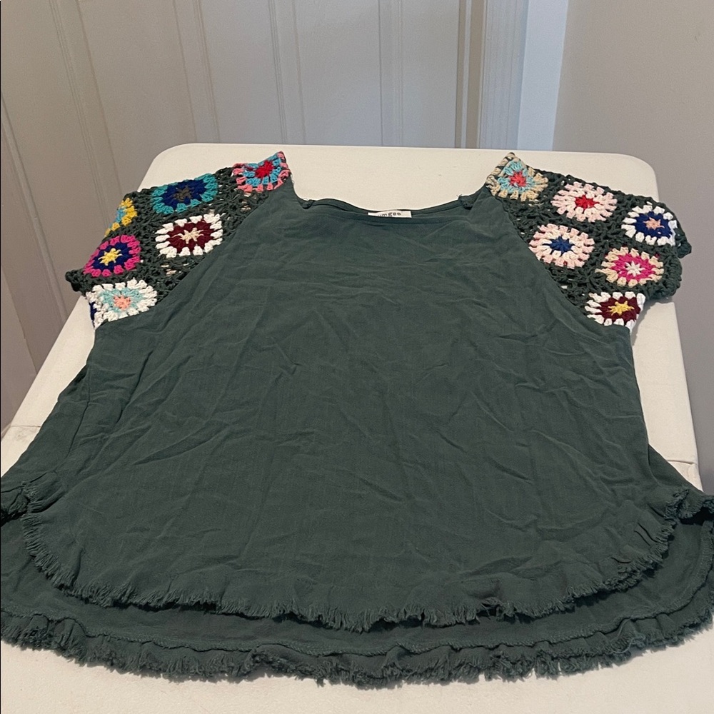 Hippy 70s Retro Crochet Linen Blend Top Granny Square Crochet Sleeves Size Small - Picture 2 of 14